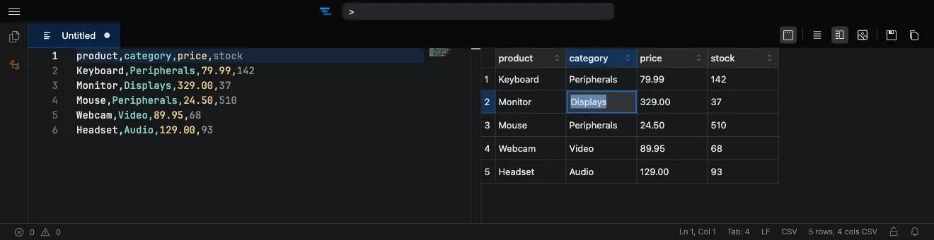 CSV preview with a cell being edited inline