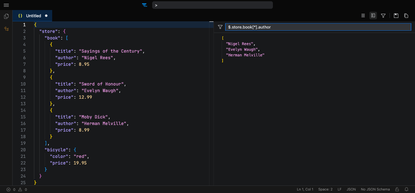 The JSONPath filter pane evaluating an expression