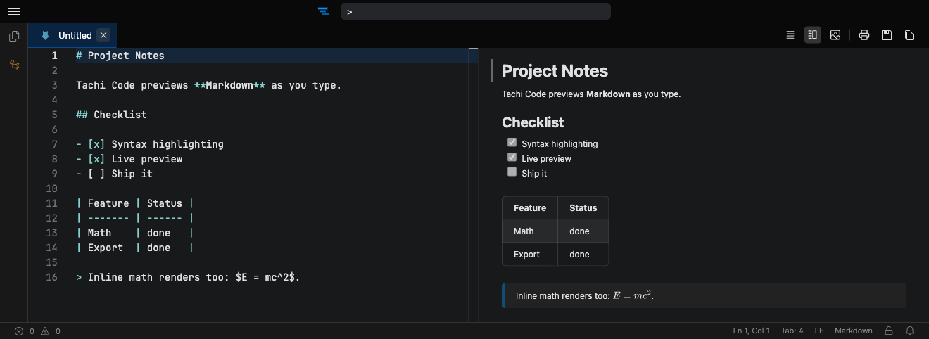A Markdown file with a live preview beside the editor