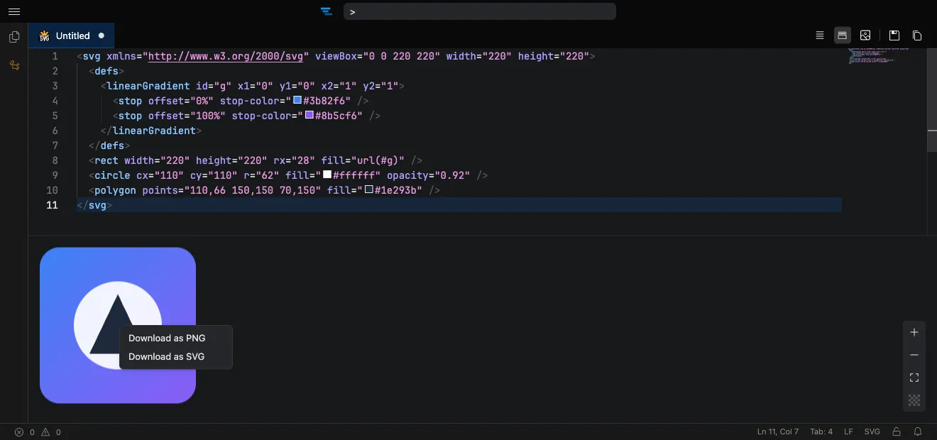 The SVG preview context menu showing Download as PNG and Download as SVG