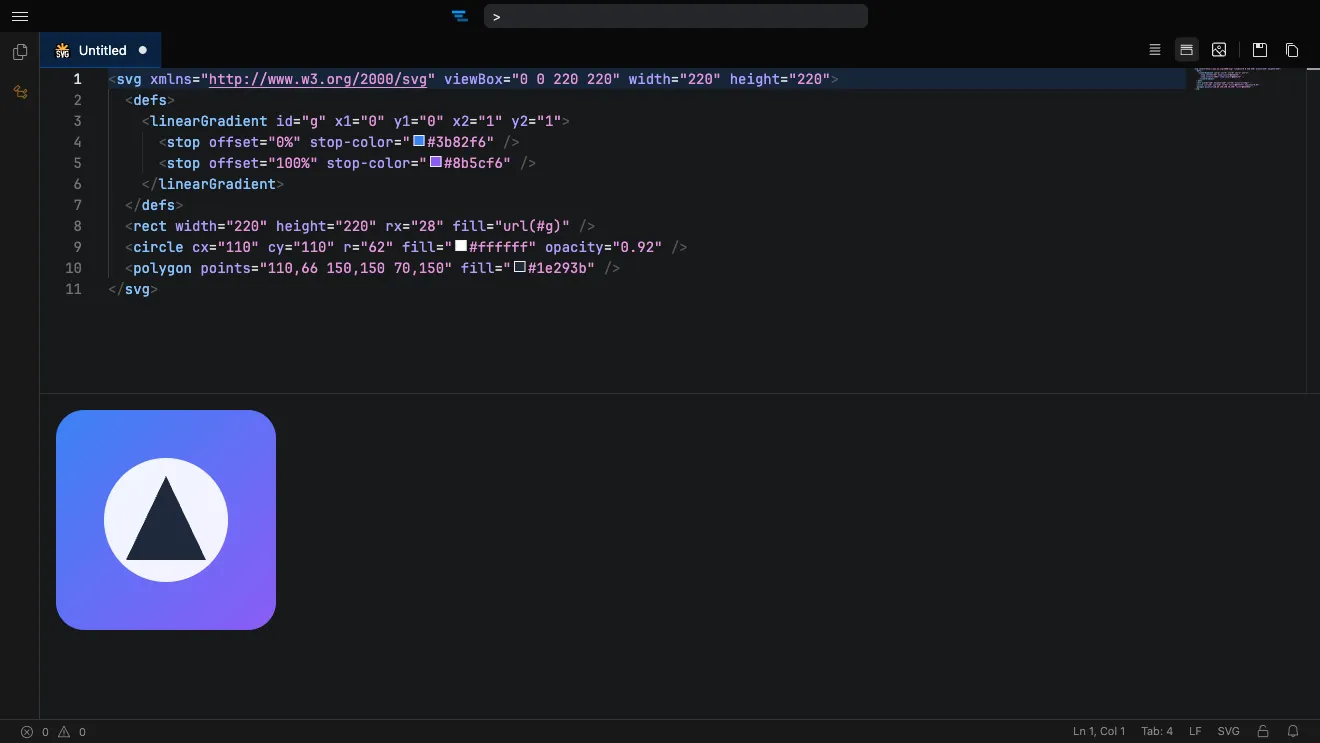 An SVG rendered in the live preview next to its source